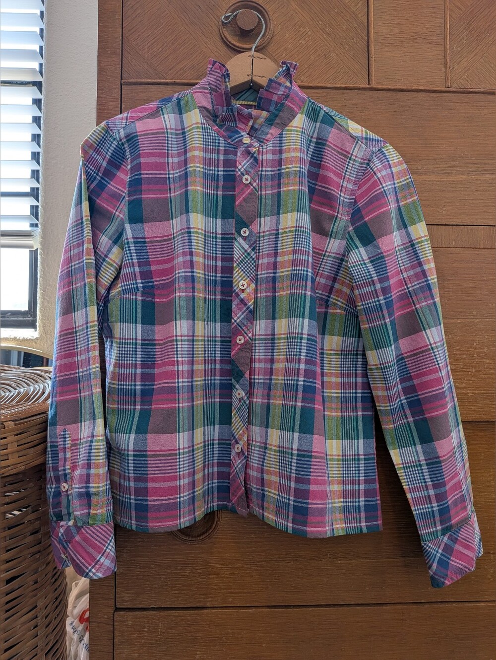 Reworked  Women's Ruffle Collar.  Plaid Pinks, Blue, Yellow And Green / Talbots